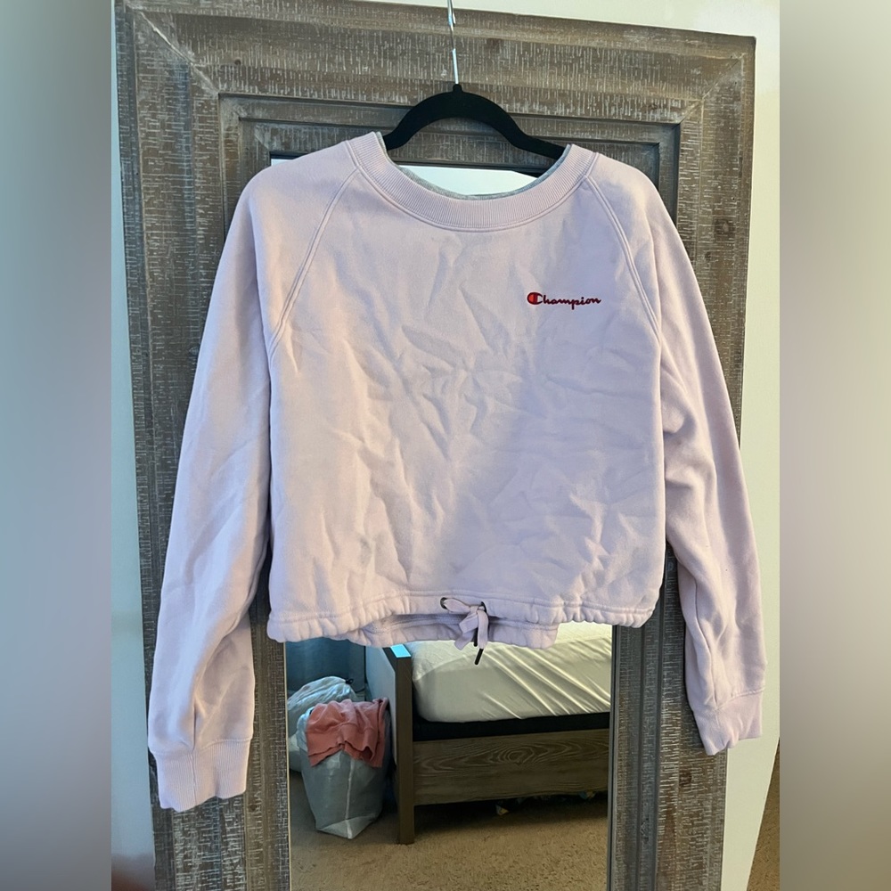 Pink & red cropped Champion sweater with tie in front.